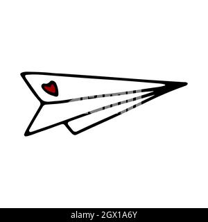 Doodle Papierflugzeug mit rotem Herzen. Handgezeichnete Umrisse Origami-Ebene isoliert auf weißem Hintergrund. Zeichen der Liebesbotschaft, Hochzeit, Valentinstag, le Stock Vektor