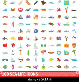 100 Sea Life Symbole, Cartoon Stil Stock Vektor