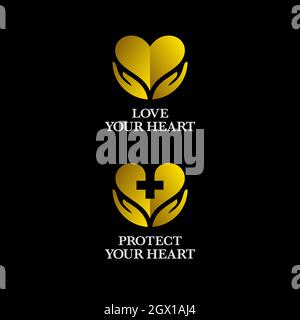 Goldfarbene Herz-Symbole mit Händen. Gesundheit, Schönheit oder Liebe Luxus-Logo-Design. Stock Vektor