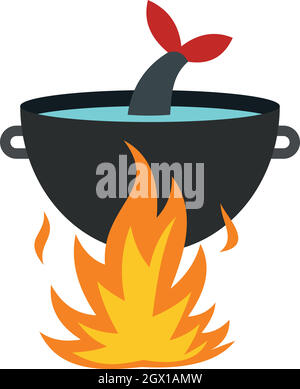 Kochen Fischsuppe auf ein Feuer-Symbol, flachen Stil Stock Vektor