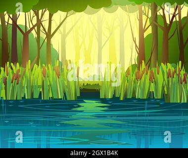 Sommerliche Waldlandschaft. Sumpfige Küste mit Rohrkolben und Schilf. Flacher Style. Ruhiger Fluss oder See. Wilder bewachsener Teich auf dem Hintergrund von Bäumen und Sträuchern. Stock Vektor