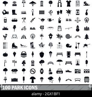 100 Park Symbole in einem einfachen Stil eingerichtet Stock Vektor