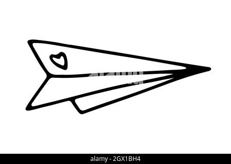 Doodle Papier Flugzeug mit Herz. Handgezeichnete Umrisse Origami-Ebene isoliert auf weißem Hintergrund. Zeichen der Liebesbotschaft, Hochzeit, Valentinstag, Brief Stock Vektor