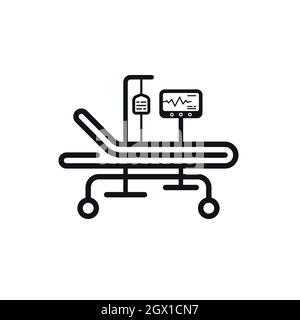 Krankenhausbett, Kardiogramm und Flüssigkeitstasche aus Kunststoff auf der Intensivstation. Symboldesign für medizinische Notfallgeräte. Stock Vektor