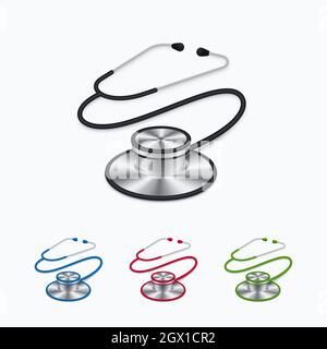 Realistische Stethoskop-Symbole auf weißem Hintergrund. Bunte 3d Gesundheitswesen Arzt Ausrüstungen Icon set. Stock Vektor