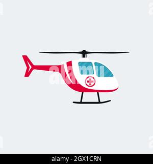 Krankenwagen Hubschrauber Cartoon-Symbol auf weißem Hintergrund. Vektordesign für medizinische Luftfahrzeuge. Stock Vektor