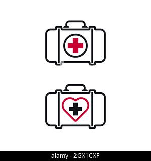 Skizzieren Sie Verbandskasten, medizinische Tasche isolierte Symbole mit Kreuz- und Herzform. Flaches Symbol für Geräte im Gesundheitswesen für Notfälle. Stock Vektor