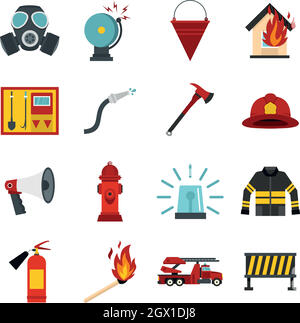 Feuerwehrmann-Werkzeuge stellen flach icons Stock Vektor