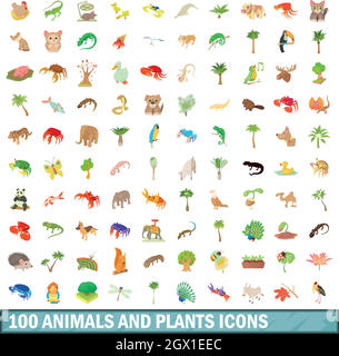 100 Tiere und Pflanzen Symbole, Cartoon Stil Stock Vektor