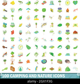 100 Camping und Natur Symbole, Cartoon Stil Stock Vektor