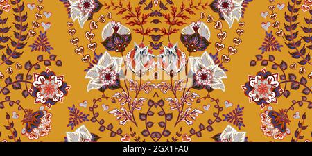 Dichtes florales ornamentales handgezeichtes Fantasy-Blumenmuster. Vektor. Gestreift. Gelb. Stock Vektor