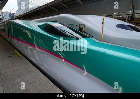 Tokio, Japan – 2. Januar 2016. Shinkansen-Hochgeschwindigkeitszüge in Tokio, Japan. Der Shinkansen läuft mit Geschwindigkeiten von bis zu 320 km/h und ist bekannt für Pünktlichkeit, com Stockfoto