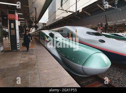 Tokio, Japan – 2. Januar 2016. Shinkansen-Hochgeschwindigkeitszüge in Tokio, Japan. Der Shinkansen läuft mit Geschwindigkeiten von bis zu 320 km/h und ist bekannt für Pünktlichkeit, com Stockfoto