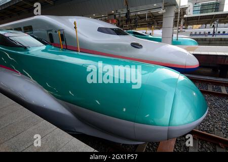 Tokio, Japan – 2. Januar 2016. Shinkansen-Hochgeschwindigkeitszüge in Tokio, Japan. Der Shinkansen läuft mit Geschwindigkeiten von bis zu 320 km/h und ist bekannt für Pünktlichkeit, com Stockfoto
