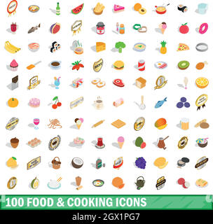 100 Essen und Kochen Icons Set, isometrischen 3d Stil Stock Vektor