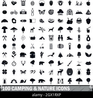 100 Camping und Natur Symbole in einem einfachen Stil eingerichtet Stock Vektor