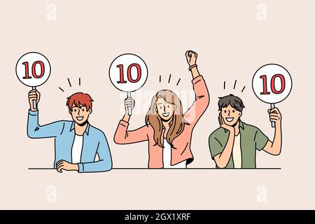 Arbeiten als Jury des Wettbewerbs Konzept. Gruppe von jungen lächelnden Menschen sitzen und zeigen Schilder mit zehn Punkten bewertet Begrüßung Teilnehmer Vektor-Illustration Stock Vektor