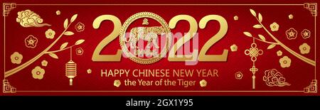 Horizontales Banner mit Gold auf rotem Tiger für das chinesische Neujahr. Hieroglyphe Übersetzung: Glückliches Neues Jahr, Tiger. Vektorgrafik. 2022. Stock Vektor