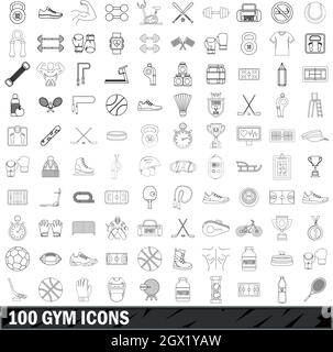 100 Turnhalle Icons Set, Umriss-Stil Stock Vektor