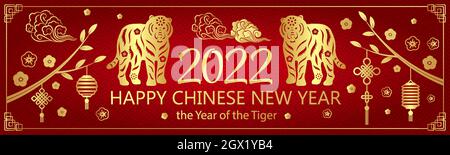 Horizontales Banner mit Gold auf rotem Tiger für das chinesische Neujahr. Hieroglyphe Übersetzung: Glückliches Neues Jahr, Tiger. Vektorgrafik. 2022. Stock Vektor