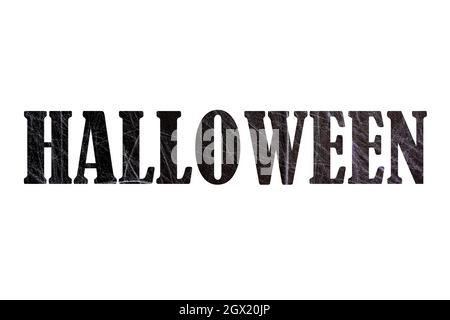 Word Halloween aus Spinnennetz auf schwarzem Hintergrund isoliert auf weiß Stockfoto