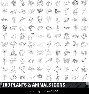 100 Pflanzen und Tiere Icons Set, Umriss-Stil Stock Vektor