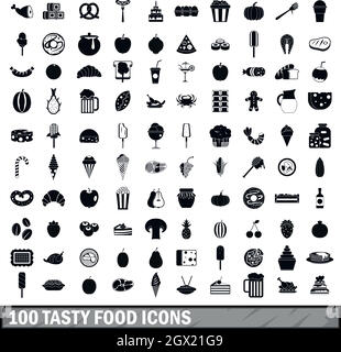 100 leckere Essen Symbole in einem einfachen Stil eingerichtet Stock Vektor