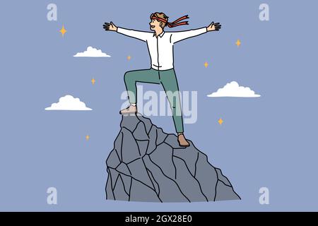 Geschäftserfolg, Entwicklung und Leistungskonzept. Junge lächelnde Geschäftsmann Zeichentrickfigur auf dem Berg stehend Gefühl zuversichtlich Freiheit Vektor Illustration Stock Vektor