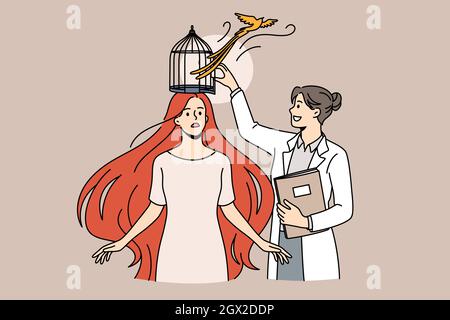 Psychologische Hilfe und psychische Gesundheit Konzept. Junge lächelnde Frau Arzt Psychologe stehend Freigabe Frau Patienten Kopf Gehirn aus Käfig Vektor-Illustration Stock Vektor