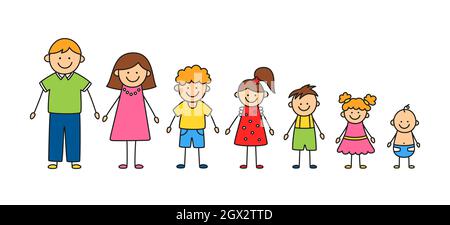 Happy Doodle Stick mans Familie. Satz von Hand gezeichnete Figur der Familie. Mutter, Vater und Kinder. Vektorfarbe Illustration isoliert in Doodle-Stil auf Stock Vektor