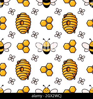 Niedliche Honigbiene nahtloses Muster. Vektor Doodle Cartoon Bienenstock, Blumen und Waben Illustration digitales Papier isoliert auf weißem Hintergrund perfekt für Kinder Stoffdrucke Stock Vektor