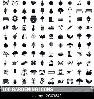 100 Gartenarbeit Symbole im einfachen Stil festlegen Stock Vektor