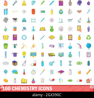 100 Chemie Symbole, Cartoon Stil Stock Vektor