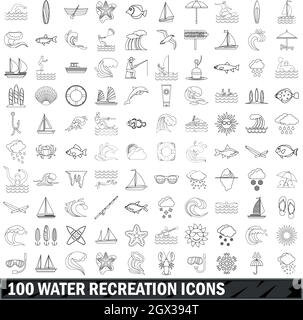 100 Symbole für die Wasserrekreation, Umrissstil Stock Vektor