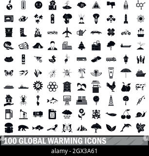 100 globale Erwärmung Symbole in einem einfachen Stil eingerichtet Stock Vektor