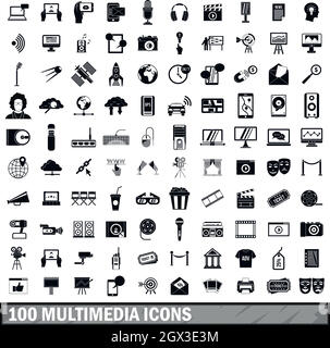 100 Multimedia-Symbole im einfachen Stil festlegen Stock Vektor