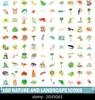 100 Natur und Landschaft Symbole, Cartoon Stil Stock Vektor