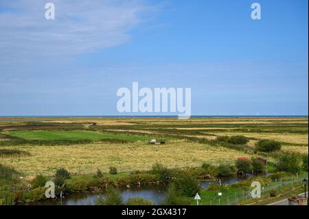 Blick über Blakeney Freshes Feuchtgebiete und den Race Bank Windpark in der Ferne am Horizont der Nordsee, Norfolk, England. Stockfoto