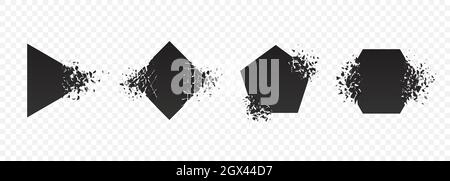 Form Explosion gebrochen und zerbrochen flachen Stil Design Vektor Illustration Set isoliert auf transparentem Hintergrund. Rhombus, Sechseck, Dreieck, Pentago Stock Vektor