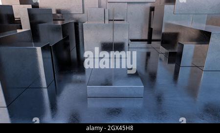 Abstrakter leerer Hintergrund von Silbermetallwürfeln Stockfoto
