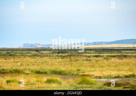 Blick nach Osten entlang der Küste von der Wanderroute in Blakeney Freshes, Norfolk, England. Stockfoto