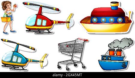 Zufällige Aufkleber mit transportablen Fahrzeugobjekten Illustration Stock Vektor