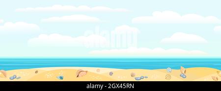 Frontalansicht der Küste. Gelber Sandstrand. Weicher Himmel mit leichten Wolken. Entfernter Horizont. Muscheln und Schneckenschalen. Nahaufnahme. Nahtlos Stock Vektor