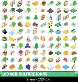 100 Landwirtschaft Icons Set, isometrischen 3d Stil Stock Vektor