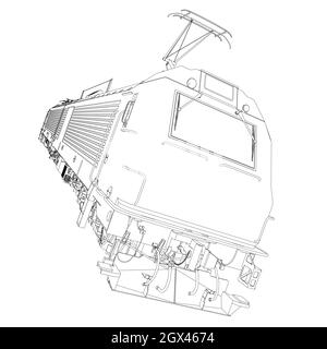 Elektrische Lokomotive Kontur von schwarzen Linien isoliert auf weißem Hintergrund. Detaillierter Zug. Vorderansicht. Vektorgrafik. Stock Vektor