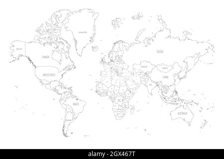 Weltkarte. Mercator-Projektion. Hoch detaillierte politische Karte von Ländern und abhängigen Gebieten. Einfache flache Vektordarstellung Stock Vektor