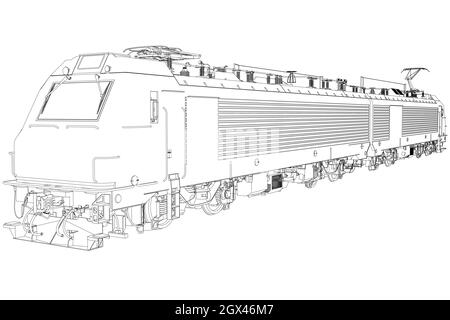 Elektrische Lokomotive Kontur von schwarzen Linien isoliert auf weißem Hintergrund. Detaillierter Zug. Vektorgrafik. Stock Vektor