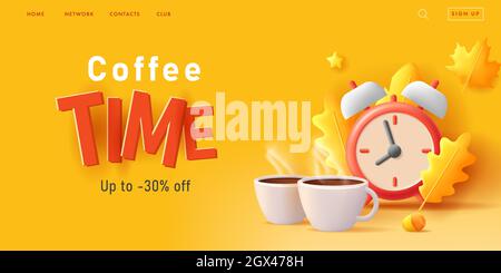Digitales Banner mit 3d-Darstellung der Herbstblätter mit Uhr und Kaffeetassen, herbstliche Kompositio mit Typografie, Orange und Gelb Stock Vektor