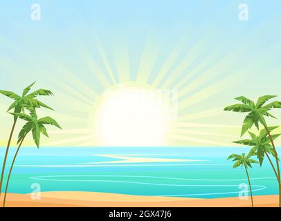 Strand am Meer. Sommerlandschaft. Weit weg ist der Ozeanhorizont. Morgensonne geht auf. Ruhiges Wetter. Flache Illustration. Vektor. Stock Vektor