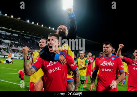 Napoli’s feiert am 3. Oktober 2021 im Stadio Artemio Franchi in Florenz, Mittelitalien, das Siegesspiel während des Fußballspiels der Serie A zwischen Fiornetina und SSC Napoli. Stockfoto